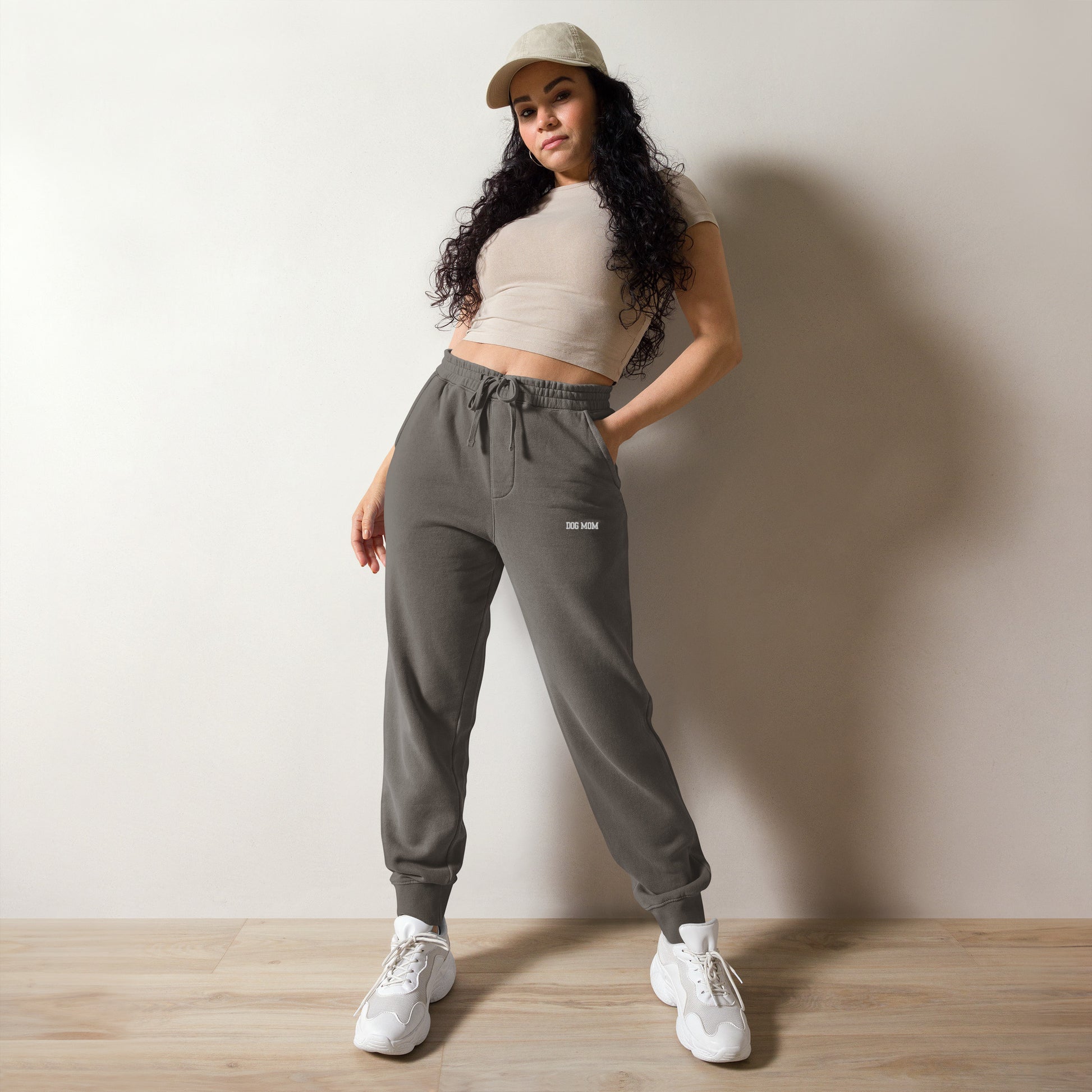 Woman wearing oversized washed out sweatpants front side color pigment black