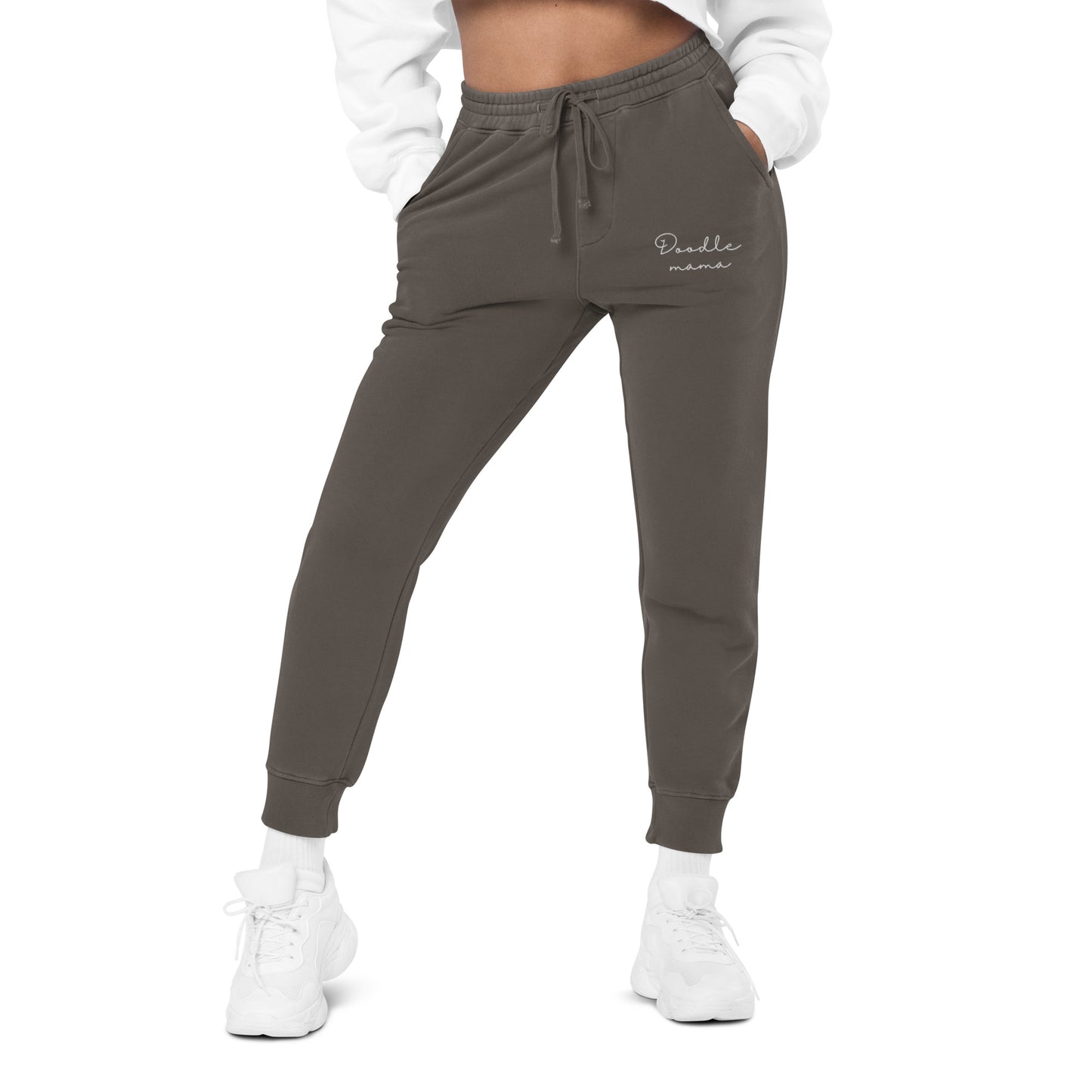 Woman wearing oversized washed out sweatpants front side color pigment black