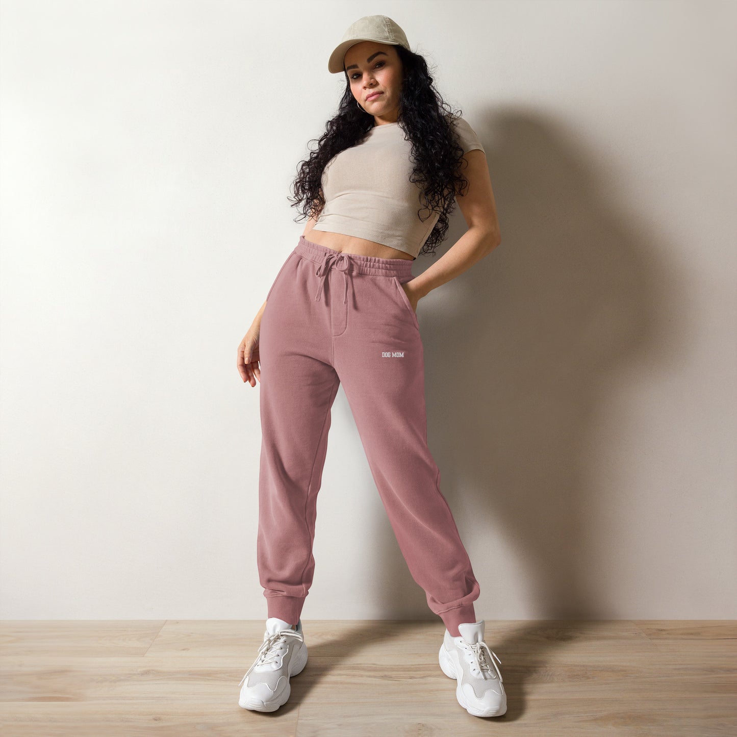 Woman wearing oversized washed out sweatpants front side color maroon