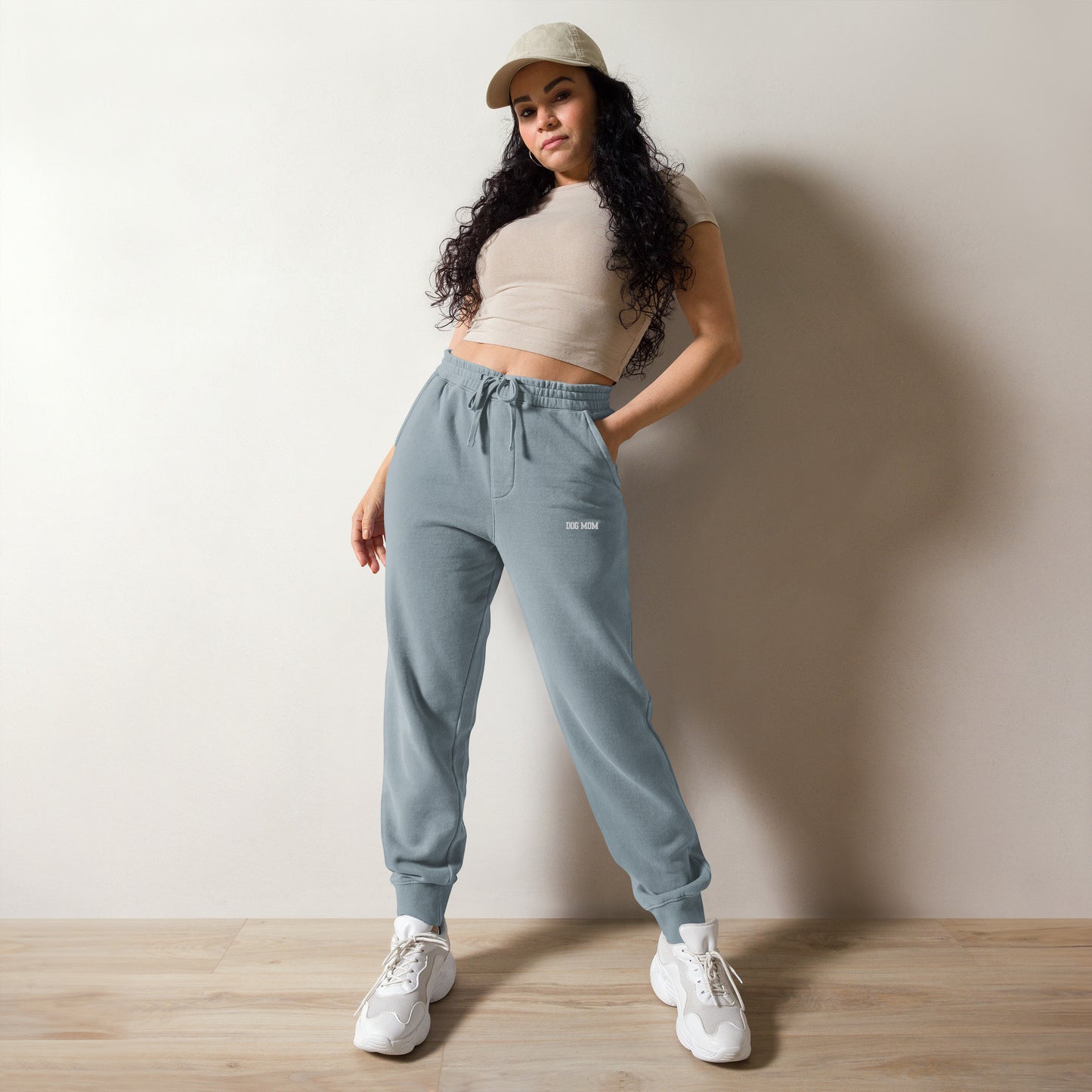 Woman wearing oversized washed out sweatpants front side color slate blue