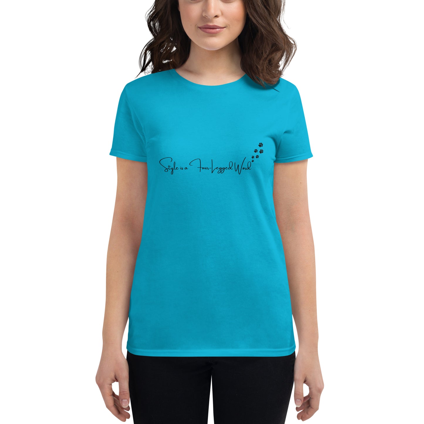 Style is a four legged world Women t-shirt cotton polyester front side color caribbean blue